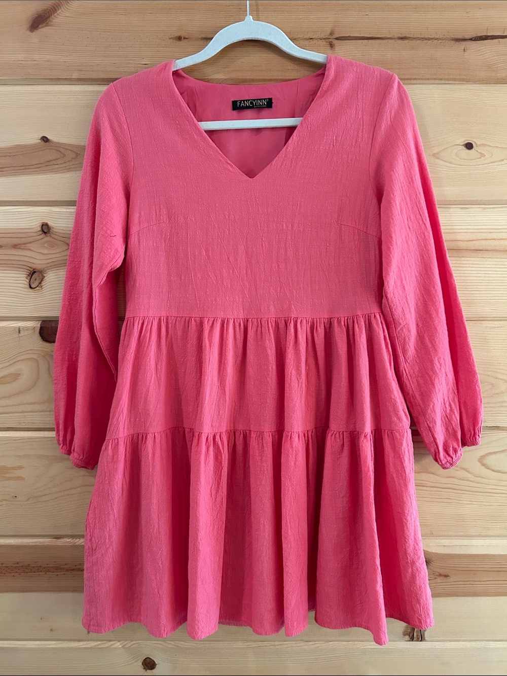 Women’s Fancyinn Coral-Pink Tiered V-Neck Midi Dress, Size S